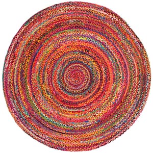 Braided Rust Multi 10 ft. x 10 ft. Solid Color Striped Round Area Rug