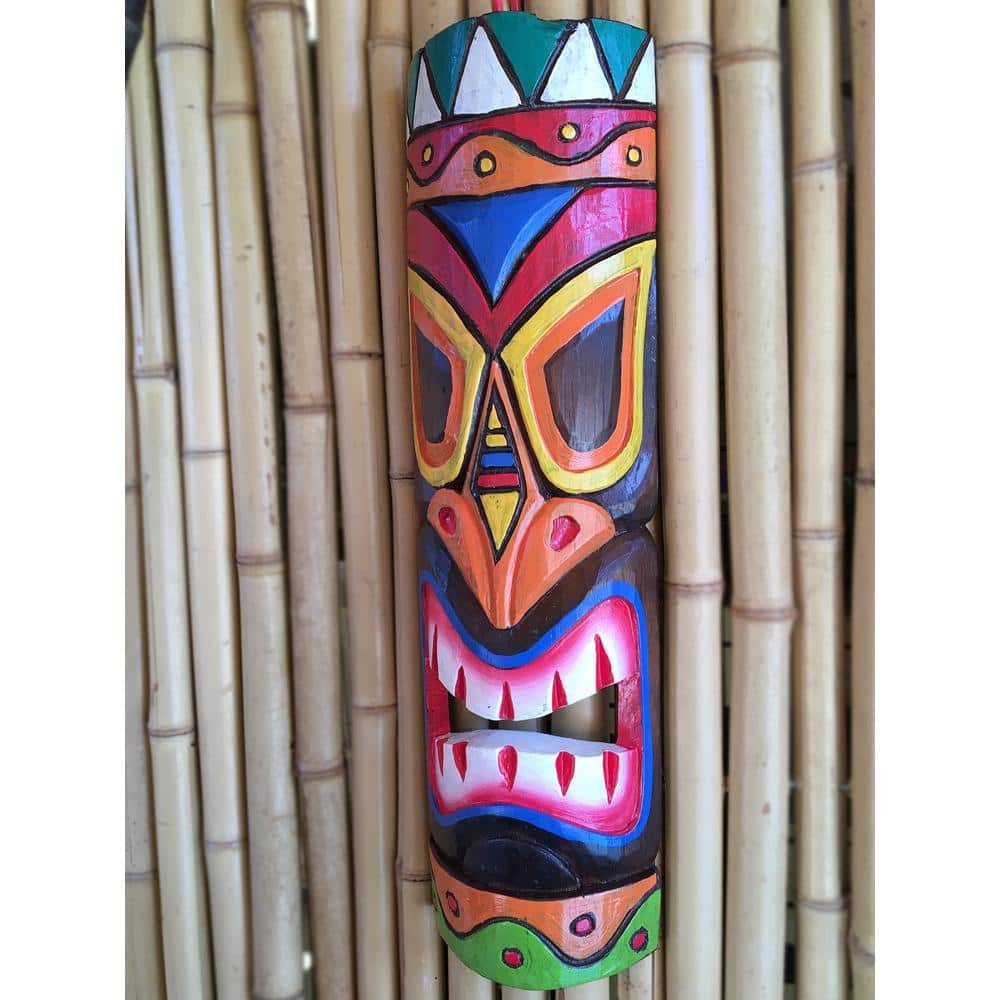 Hand-Carved Colorful Wooden Tiki Mask Statue, 20" Tall