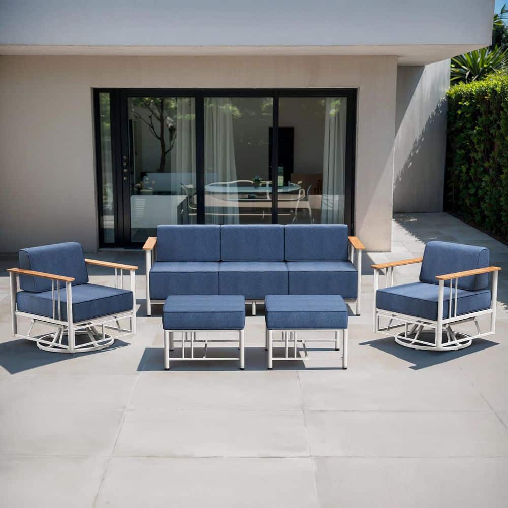 Puffin 5-Piece White Metal Patio Conversation Set with Sofa, Gliders, and 10 in. Thick Navy Blue Olefin Cushions price history on PriceWatchPro