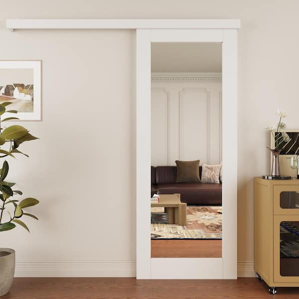 32 in. x 80 in. Hidden Track Style 1-Lite Mirrored Glass White Primed MDF Sliding Barn Door with Hardware Kit