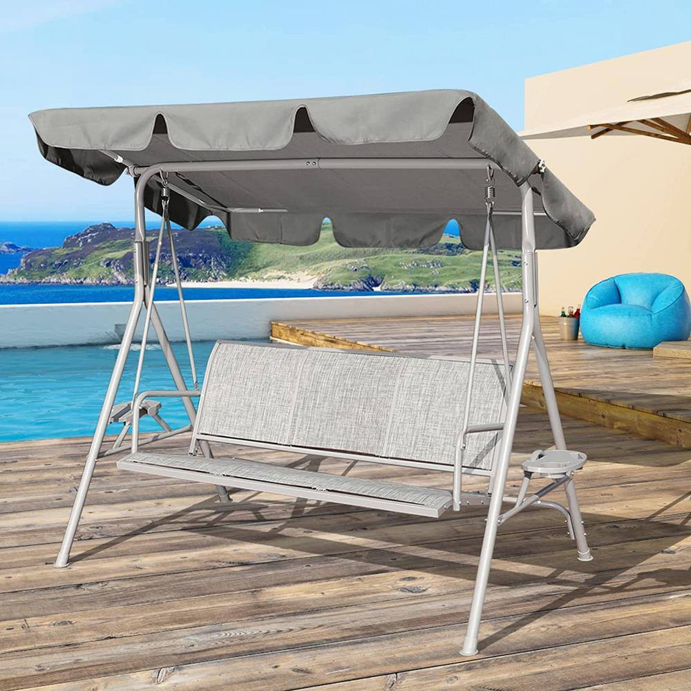 3-Person Metal Patio Swing Seat with Adjustable Gray Canopy
