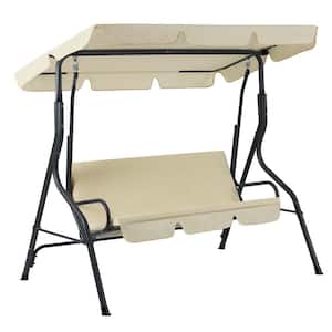 3-Person Metal Adjustable Canopy Porch Swing with Canopy and Cushions, Beige
