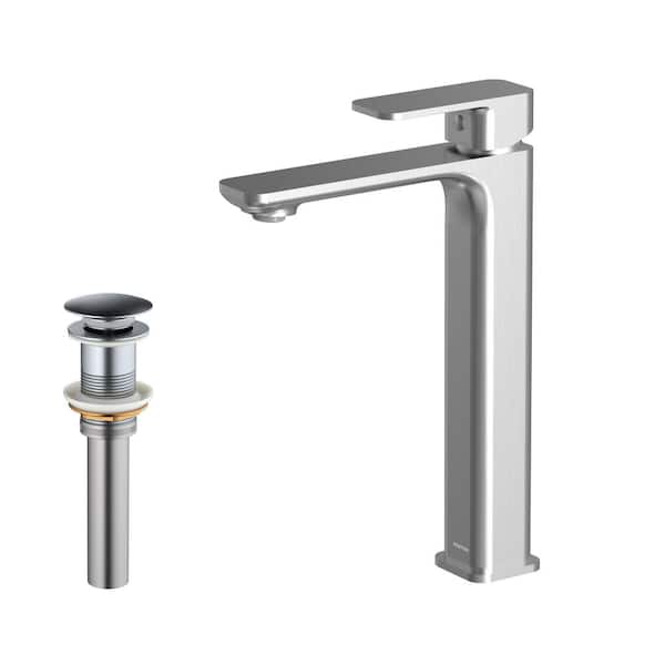Karran Venda Single Handle Single Hole Vessel Bathroom Faucet with Matching Pop-up Drain in Stainless Steel