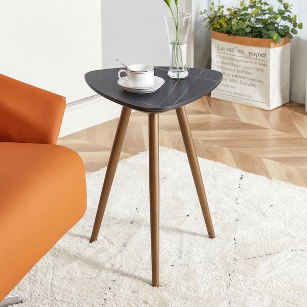 Black Faux Marble End Side Table with Dark Gold Metal Legs, MDF Tabletop, Triangle Nightstand for Living Room, Bedroom