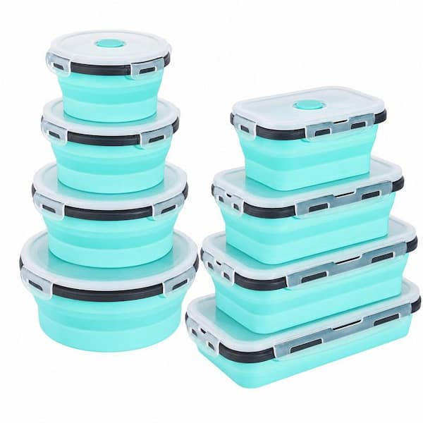 16-Piece Collapsible Food Storage Containers with Lids, Silicone Collapsible Bowls for Camping, RV Accessories, Blue