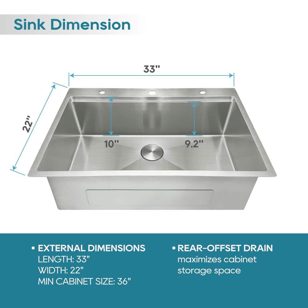 33'' Brushed Stainless Steel Single Bowl Drop-In Workstation Sink
