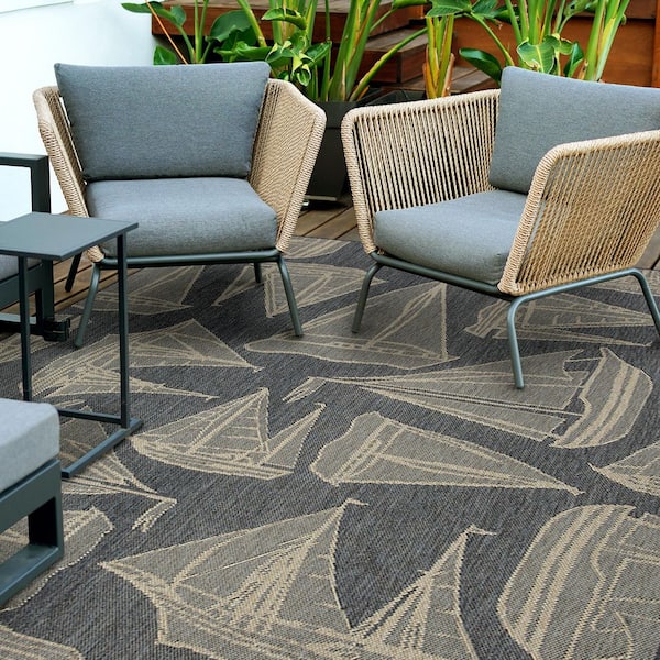 Sailboats Navy/Ivory 6 ft. x 9 ft. Indoor/Outdoor Area Rug