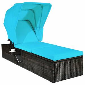 1-Piece Wicker PE Rattan Outdoor Chaise Lounge with Folding Canopy and Turquoise Cushions