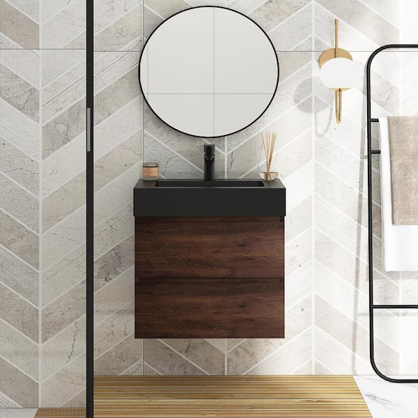 JimsMaison 24 in. W x 18 in. D x 25 in. H Wall-Mounted Bath Vanity in Walnut with Black Solid Surface Top