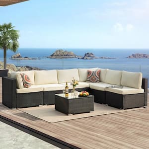 7 Piece PE Wicker Outdoor Sectional Sofa Set Patio Conversation Set in Beige Cushion