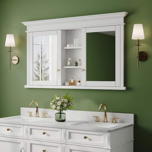 55 in. W x 32 in. H Rectangular White Solid Wood Framed Recessed Mount Soft Close Door Medicine Cabinet with Mirror