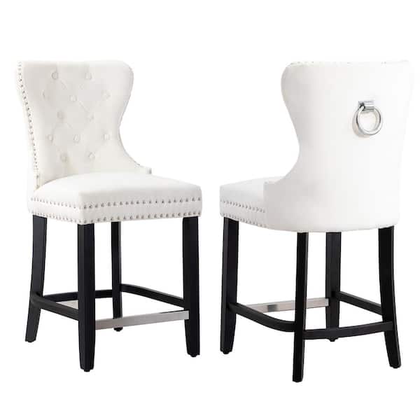 Harper 24 in. Cream Velvet Tufted Wingback Kitchen Counter Stool with Black Solid Wood Frame (Set of 2)