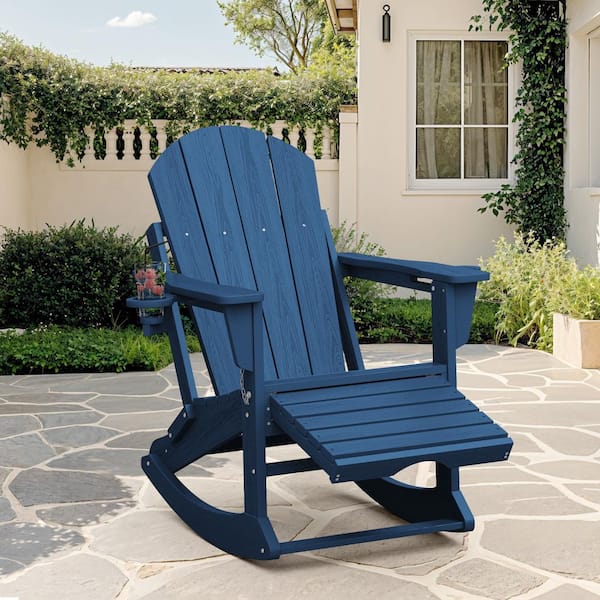 Adirondack Plastic HDPE Folding Outdoor Rocking Chair with Retractable Ottoman and Cup Holder for Porches Patios in Navy