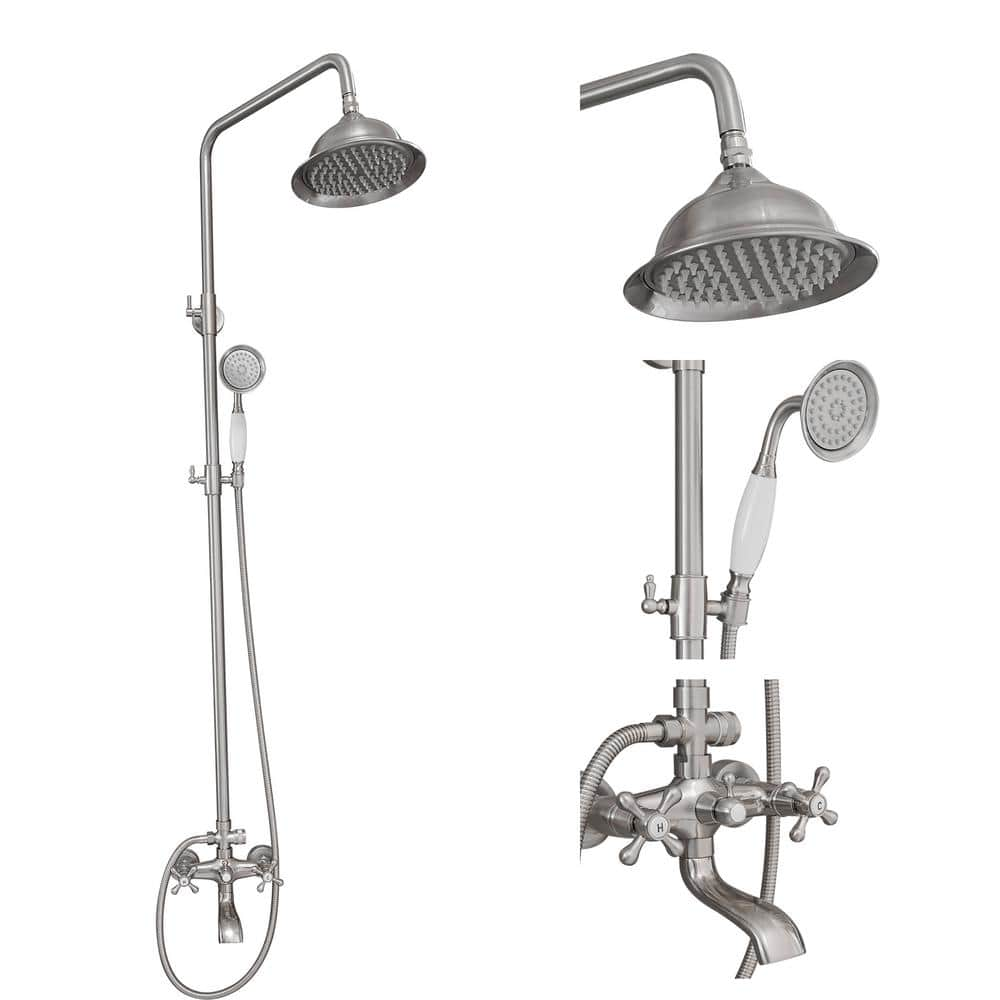 3-Spray Wall Bar Shower Kit 8 in. Round Rain Shower Head with Tub Spout Hand Shower 2 Cross Knobs in Brushed Nickel -  BWE, A-98023-S-N