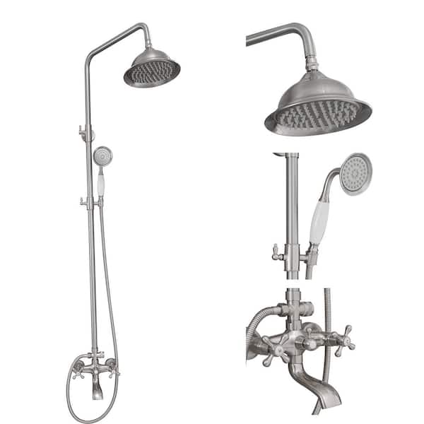 BWE 3-Spray Wall Bar Shower Kit 8 in. Round Rain Shower Head with Tub Spout Hand Shower 2 Cross Knobs in Brushed Nickel