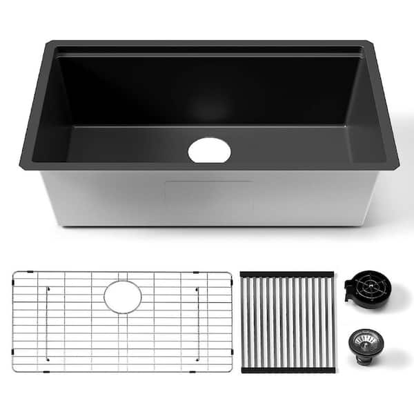 32 in. Undermount Single Bowl 16 Gauge Gunmetal Black Stainless Steel Kitchen Sink with Accessories