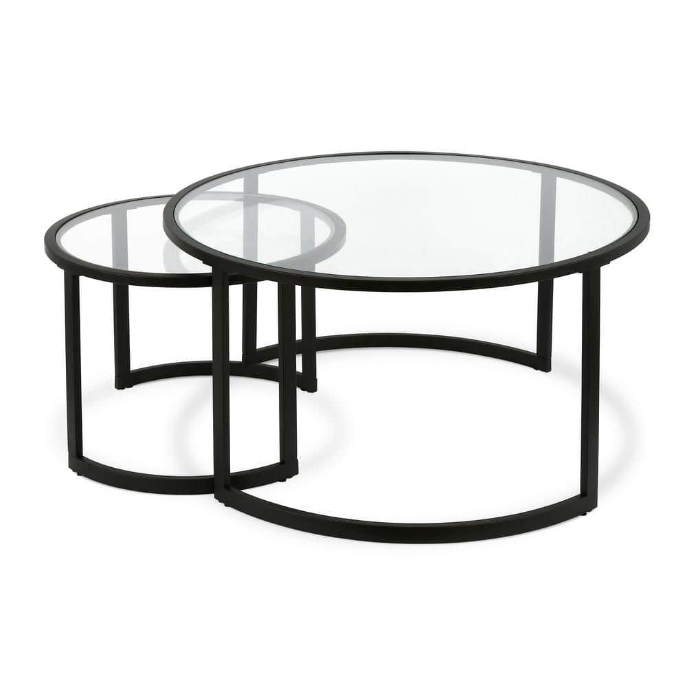 Meyer&Cross Mitera 2Piece 36 in. Black Medium Round Glass Coffee Table Set with Nesting Tables