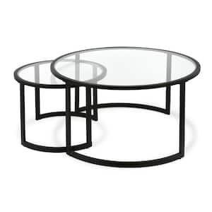 Mitera 36 in. 2-Piece Blackened Bronze Round Glass Top Coffee Table Set with Nesting Tables