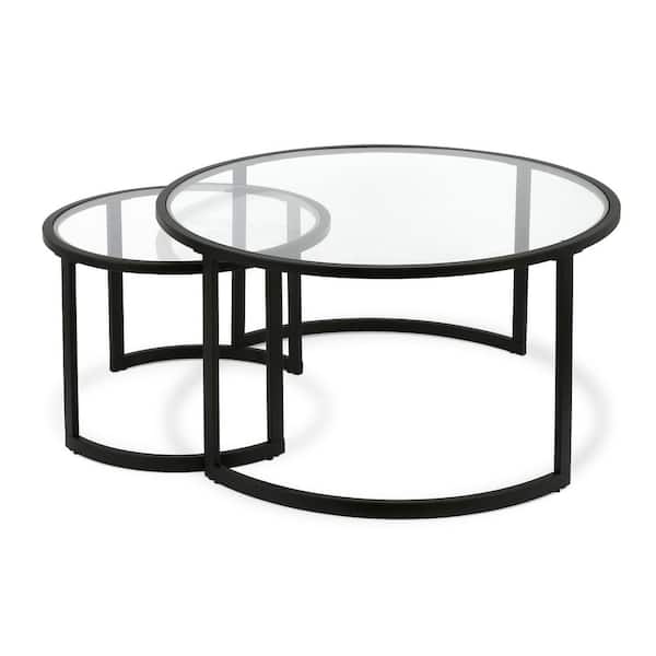 Meyer&Cross Mitera 36 in. 2-Piece Blackened Bronze Round Glass Top Coffee Table Set with Nesting Tables