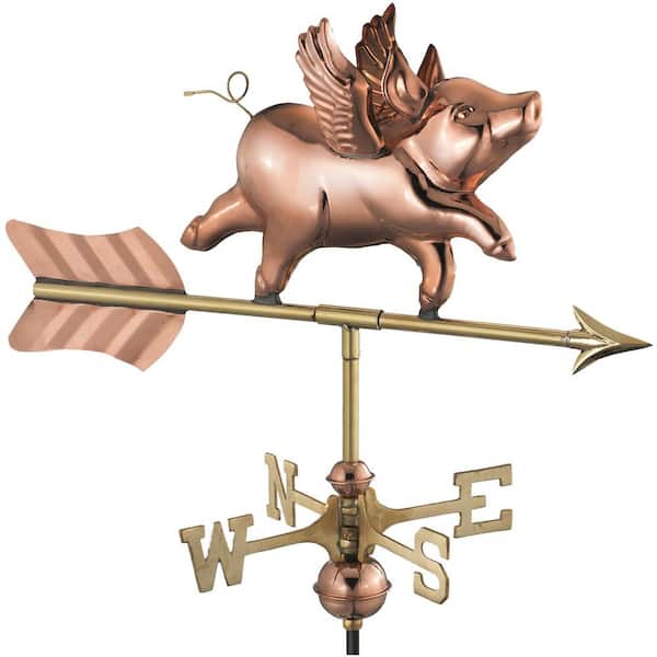 Flying Pig Cottage Weathervane - Pure Copper with Roof Mount