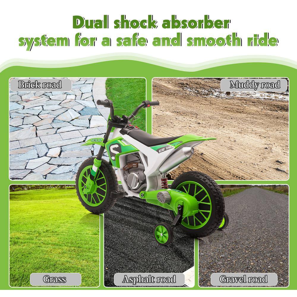 Green 12V Battery-Powered Kids Motorcycle with Training Wheels