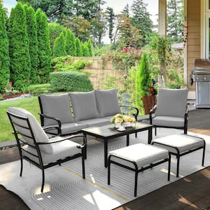 Metal 6-piece Patio Conversation Set with Cushions for 5-7 Persons, Long Sofa Bench, 2 Chairs, 2 Ottomans and Side Table