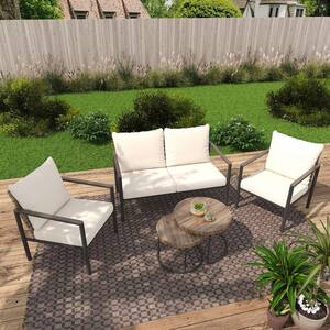 4-Piece Outdoor Wicker Patio Conversation Set with Beige Cushions, Seats 4, Includes Coffee Table