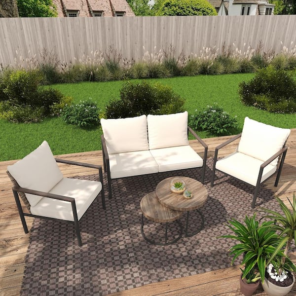 INMITOM 4-Piece Outdoor Wicker Patio Conversation Set with Beige Cushions, Seats 4, Includes Coffee Table