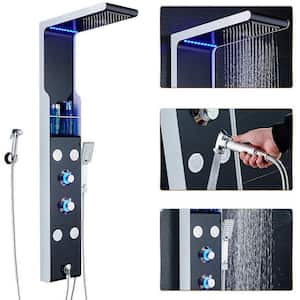 53 in. 4-Jet Shower Panel System with Shelf LED Rainfall Waterfall Head Handshower and Bidet Sprayer in Silver Black