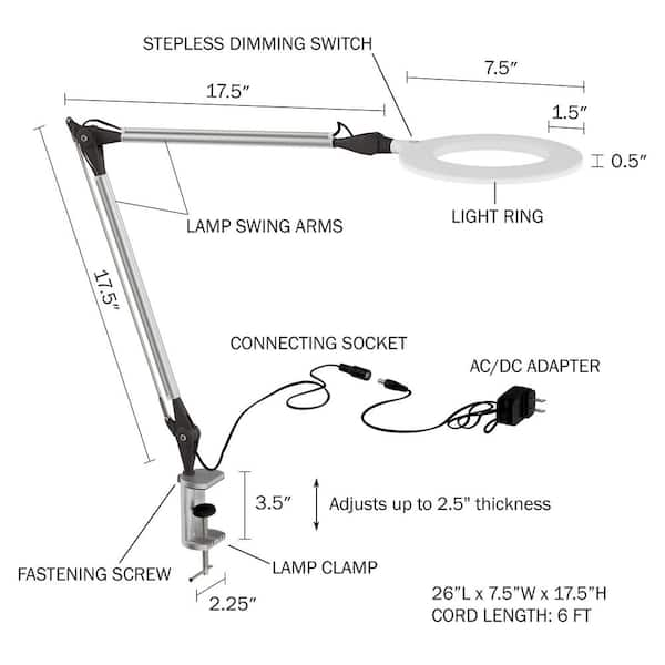 Value Collection 38, Swing Arm, Clamp on, Fluorescent, Black, Magnifying  Task Light 22 Watt, 120 Volt, 1.75x Magnification, 5 Wide, 5 Long