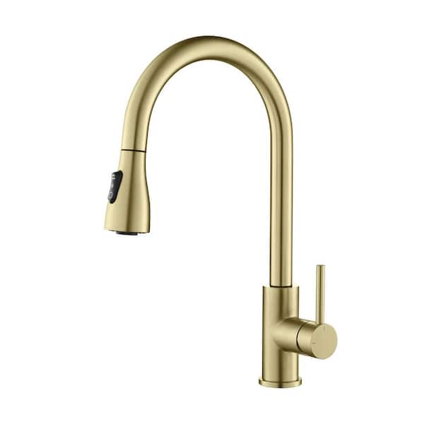 KIBI 16.5 in. H Single Hole 1.8 GPM Pull Down Sprayer Kitchen Faucet with 360° Spout Swivel in Brushed Gold
