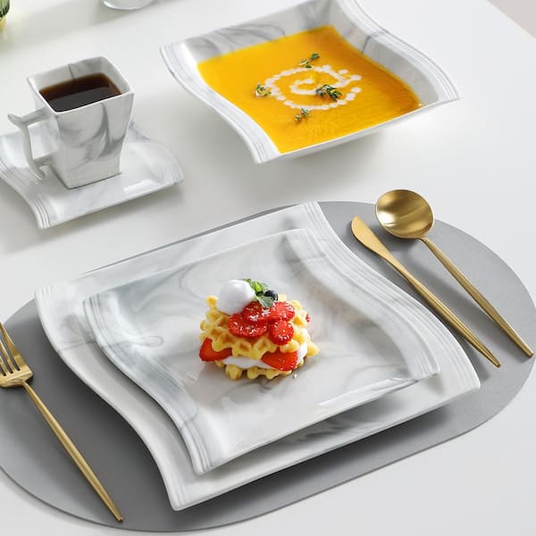 MALACASA Flora 18-Piece Marble Grey Porcelain Dinnerware Set with