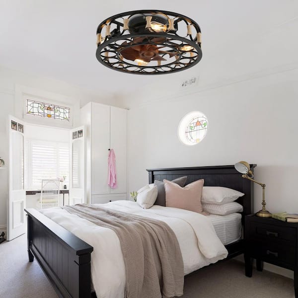 Magdelana 19 in. Indoor Black Farmhouse Caged Ceiling Fan with Light Kit and Remote, Flush Mount Reversible Fanderlier