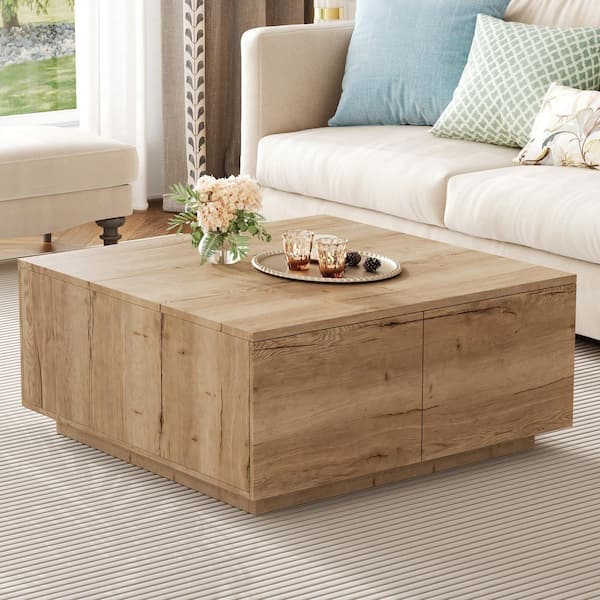 Modern 33.25 in. Natural Finish Square MDF Coffee Table with Drawers