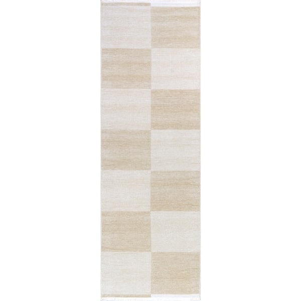 Murphy Large Checkerboard Reversible Washable Taupe 3 ft. x 8 ft. Indoor Runner Rug