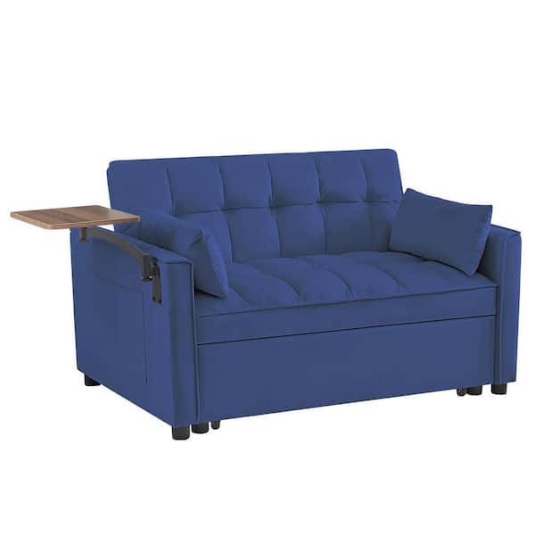 anpport 53 in. W 3-in-1 Convertible Velvet Sleeper Sofa Bed with 2 Pillows and Small Table, Blue, 2-Seater Loveseat