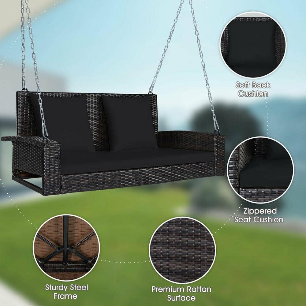 Black Wicker 2-Person Patio Swing with Cushions