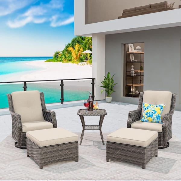 5-Piece Wicker Patio Conversation Set with Beige Cushions and Swivel Rocking Chairs