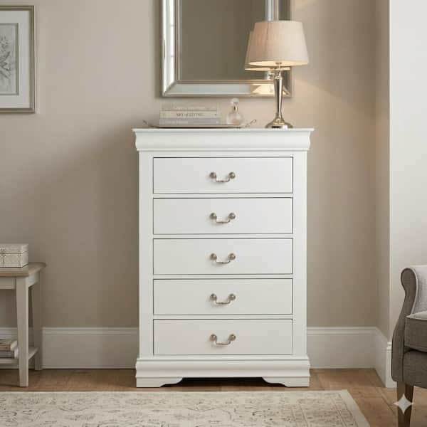 White and Nickel 5-Drawers 31.5 in. Chest of Drawers Dresser Without Mirror