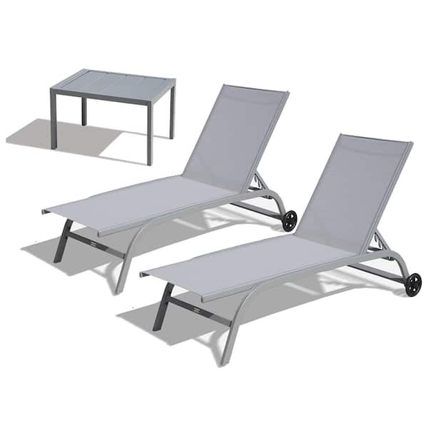 Sudzendf Aluminum Outdoor Patio Chaise Lounge with Adjustable Backrest and Wheels in Gray (2 Chairs and 1 Table) (Set of 3)