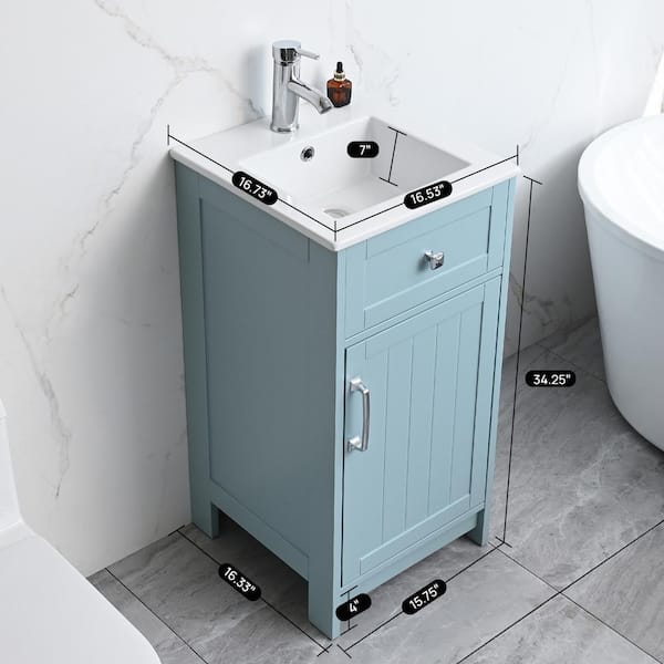 16 in. W Single Integral Sink Freestanding Bath Vanity in Ice Blue with White Ceramic Top