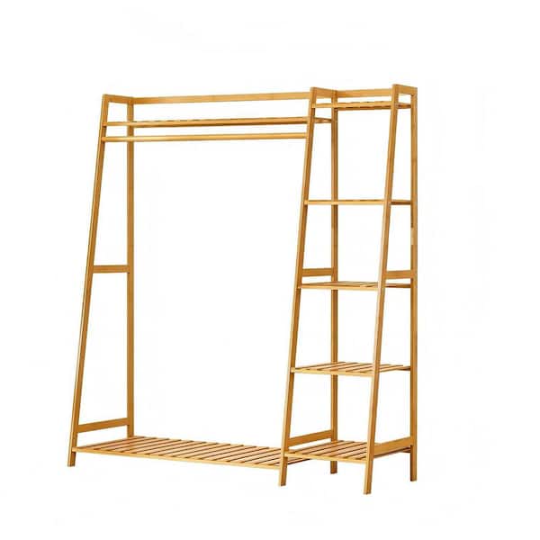 Multi-tiered Bamboo Garment Clothes Rack, Wood Free Standing Clothes Coat Hanger, Closet Organizer w/Shoe Rack