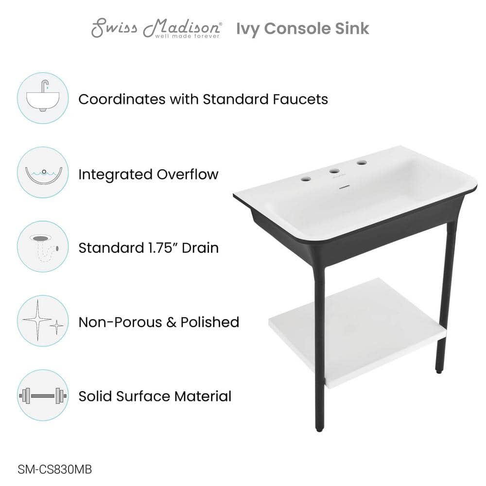 Ivy 32" Matte Black and White Solid Surface Console Sink