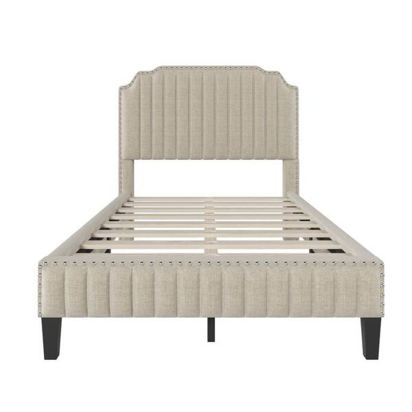 URTR White Wood Frame Full Size Upholstered Platform Bed with Headboard