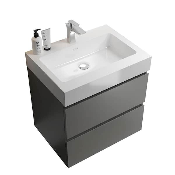 24 in. Wall Mount Modern Single Sink Gray Bath Vanity with One-Piece White Solid Surface Top Sink Pre-assembled