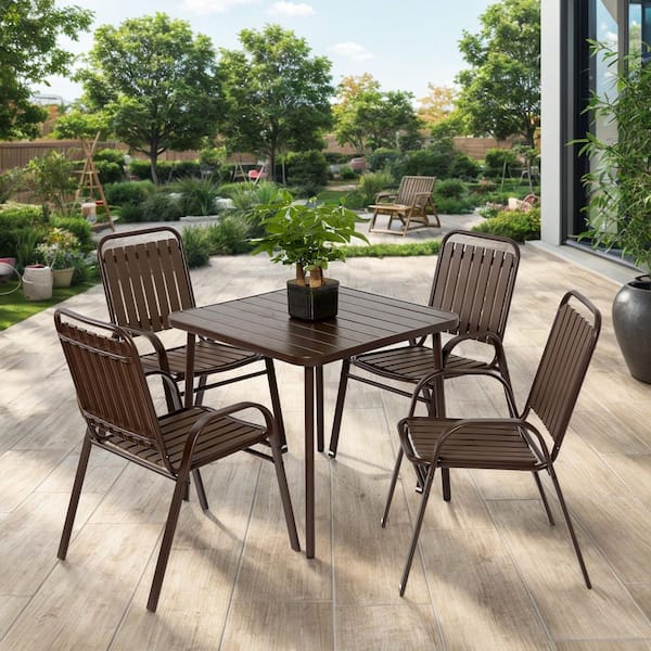 Sudzendf 5-Piece Plastic Chair and Metal Table Outdoor Dining Set, Plastic Chairs and Table Set for Garden Patio, Brown