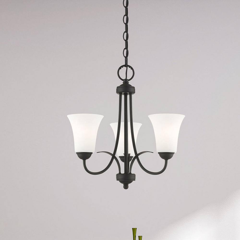 Elegant Mini 3-Light Chandelier with Satin Opal White Glass - Black