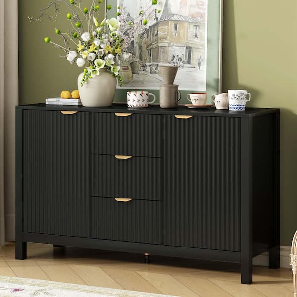 Unbranded Black MDF 47.2 in. Modern Wave-Pattern Sideboard Cabinet Storage Cabinet with 3 Drawers, 2 Doors and Adjustable Shelves