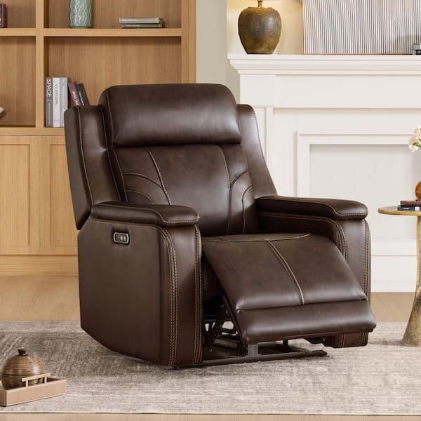 Jory Brown Modern Leather Dual Motors Power Recliner Chair with Power Headrest, USB & Type-C Charge, Lay Flat Function
