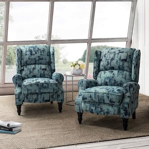 Bogazk Modern Blue Polyester Pattern Manual Recliner with Wingback and Rubber Wood Legs (Set of 2)